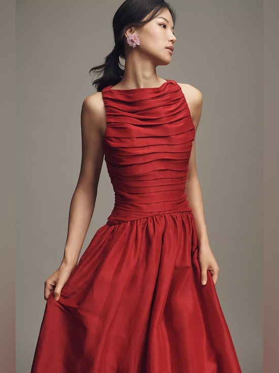 NWT Anthropologie Lovaan Val Linen Silk Pleated Midi Dress Red - Picture 2 of 9